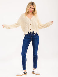 WOMEN'S LONG SLEEVE BUTTON UP TRIM DETAILED KNIT SWEATER
