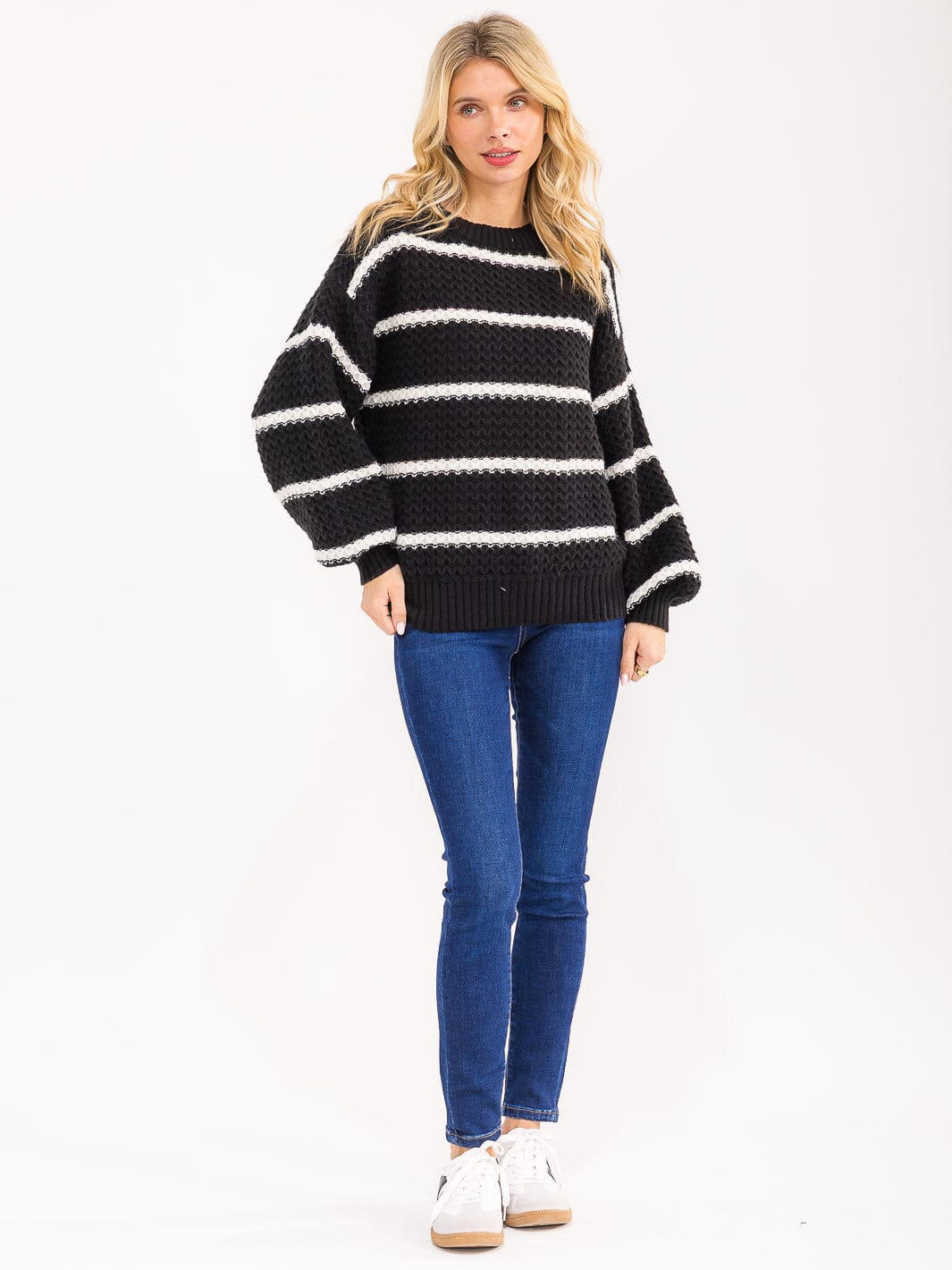 WOMEN'S LONG SLEEVE STRIPES KNIT PULLOVER SWEATER
