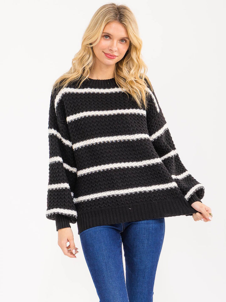 WOMEN'S LONG SLEEVE STRIPES KNIT PULLOVER SWEATER