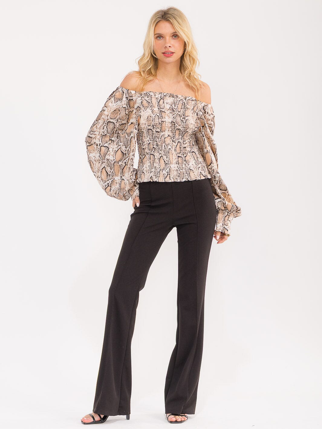 WOMEN'S LONG BALLOON SLEEVE OFF SHOULDER SMOCK ANIMAL PRINT BLOUSE