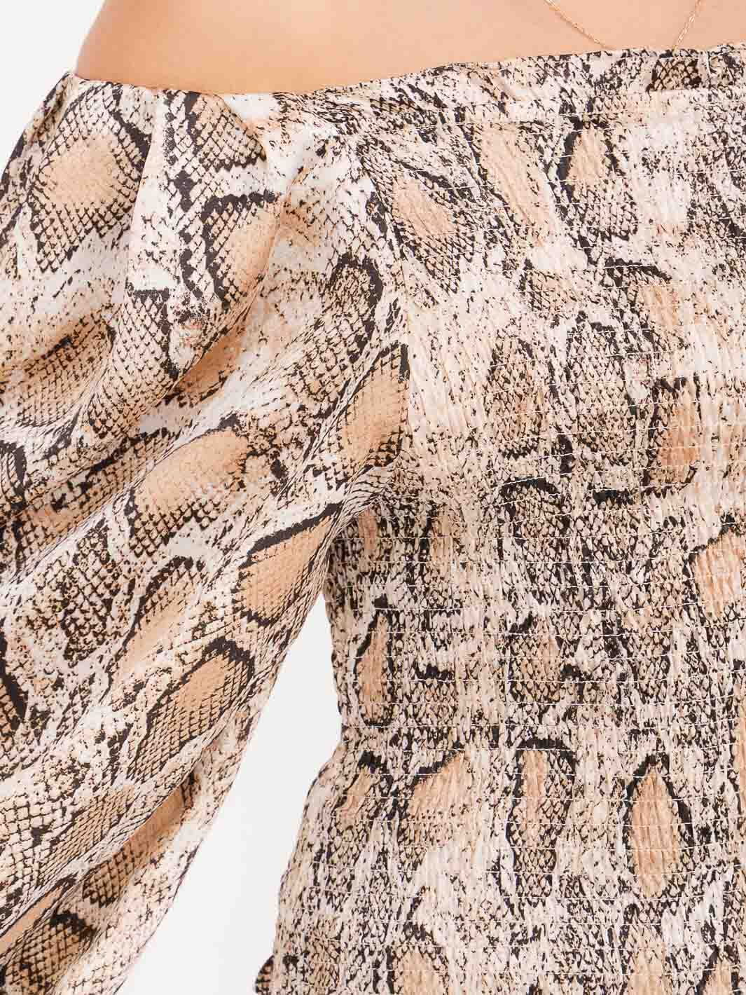 WOMEN'S LONG BALLOON SLEEVE OFF SHOULDER SMOCK ANIMAL PRINT BLOUSE