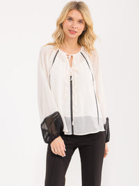 WOMEN'S LONG BALLOON SLEEVE V-NECK SHEER WITH LINING BLOUSE