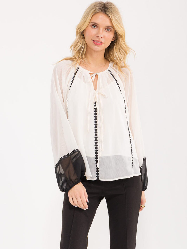 WOMEN'S LONG BALLOON SLEEVE V-NECK SHEER WITH LINING BLOUSE