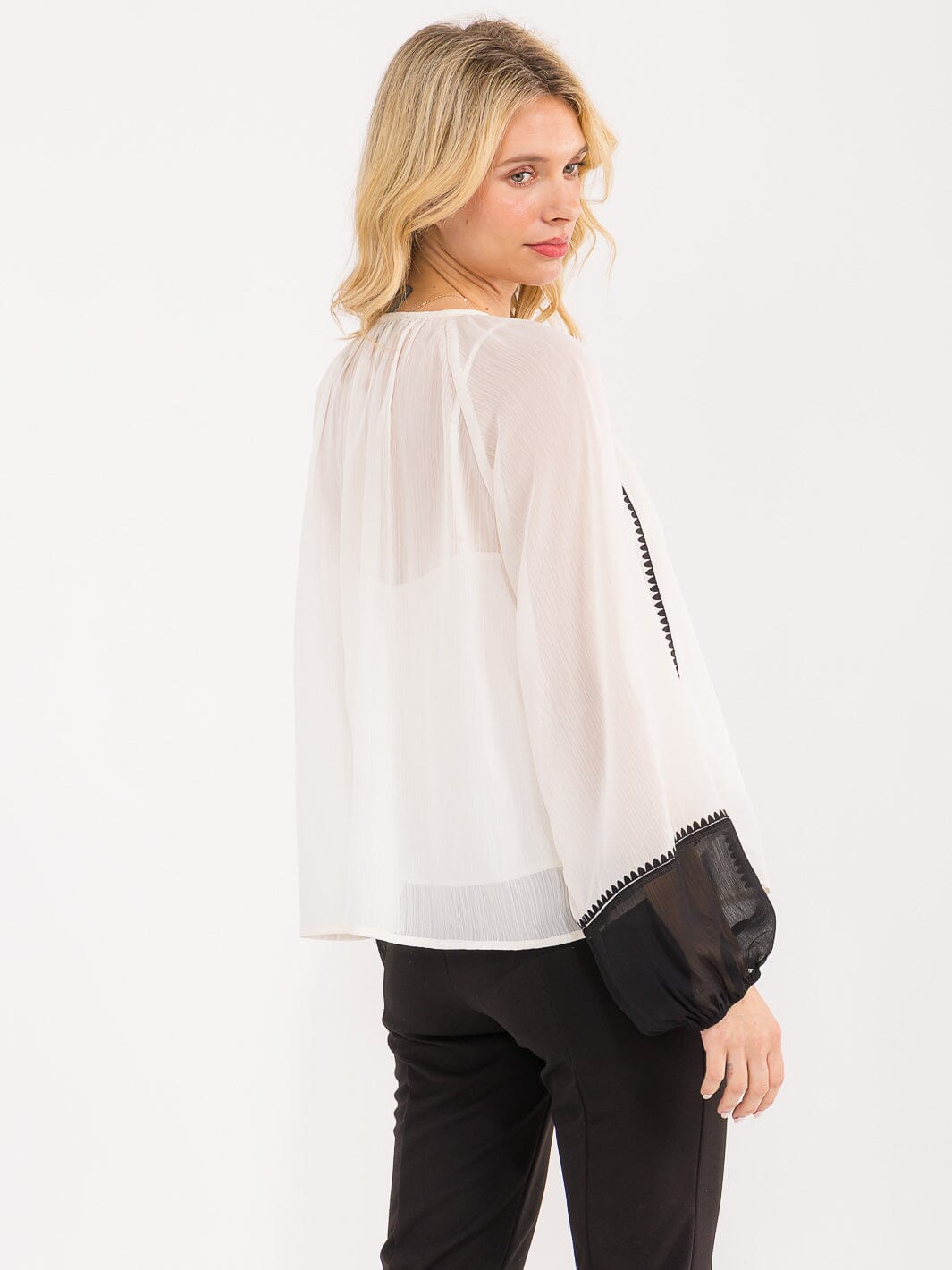 WOMEN'S LONG BALLOON SLEEVE V-NECK SHEER WITH LINING BLOUSE