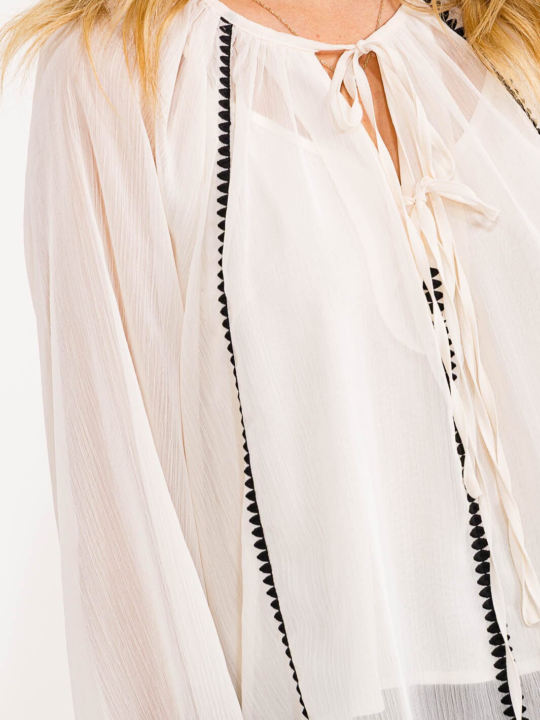 WOMEN'S LONG BALLOON SLEEVE V-NECK SHEER WITH LINING BLOUSE