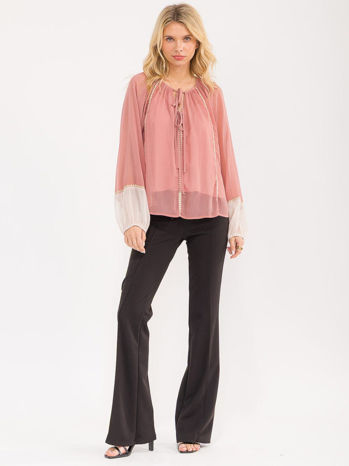 WOMEN'S LONG BALLOON SLEEVE V-NECK SHEER WITH LINING BLOUSE