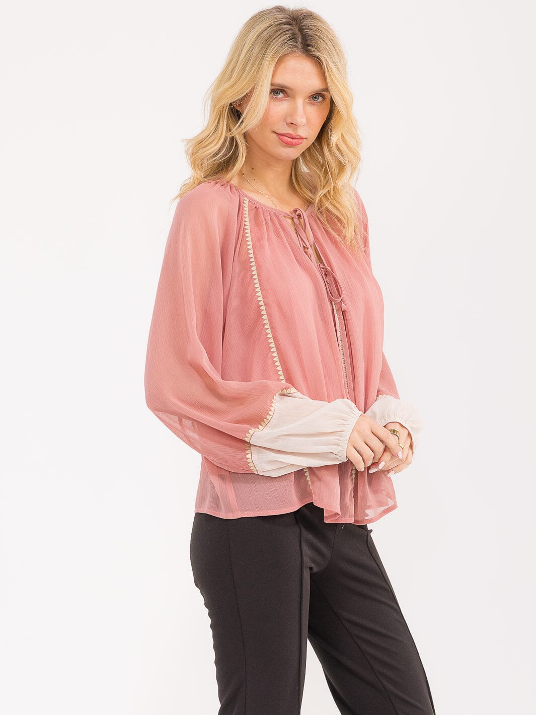 WOMEN'S LONG BALLOON SLEEVE V-NECK SHEER WITH LINING BLOUSE