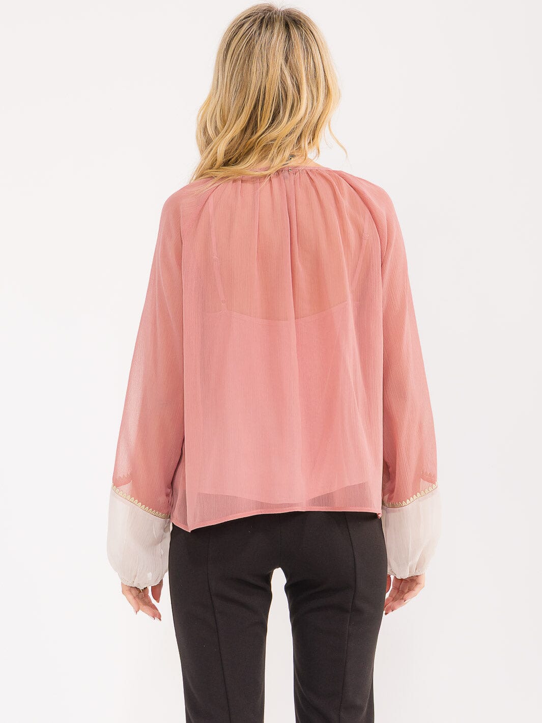 WOMEN'S LONG BALLOON SLEEVE V-NECK SHEER WITH LINING BLOUSE