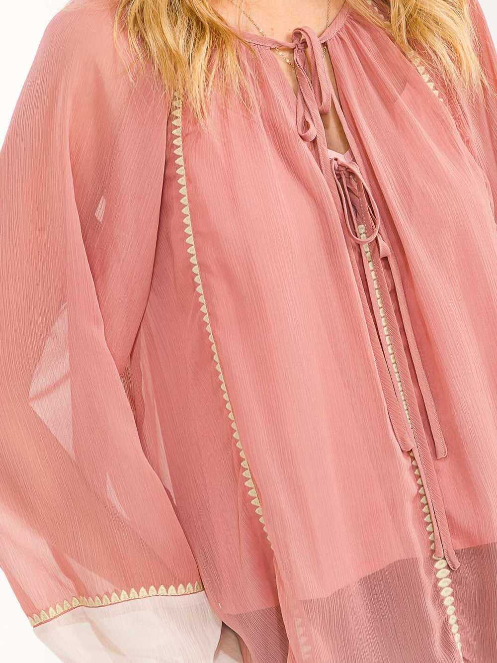 WOMEN'S LONG BALLOON SLEEVE V-NECK SHEER WITH LINING BLOUSE