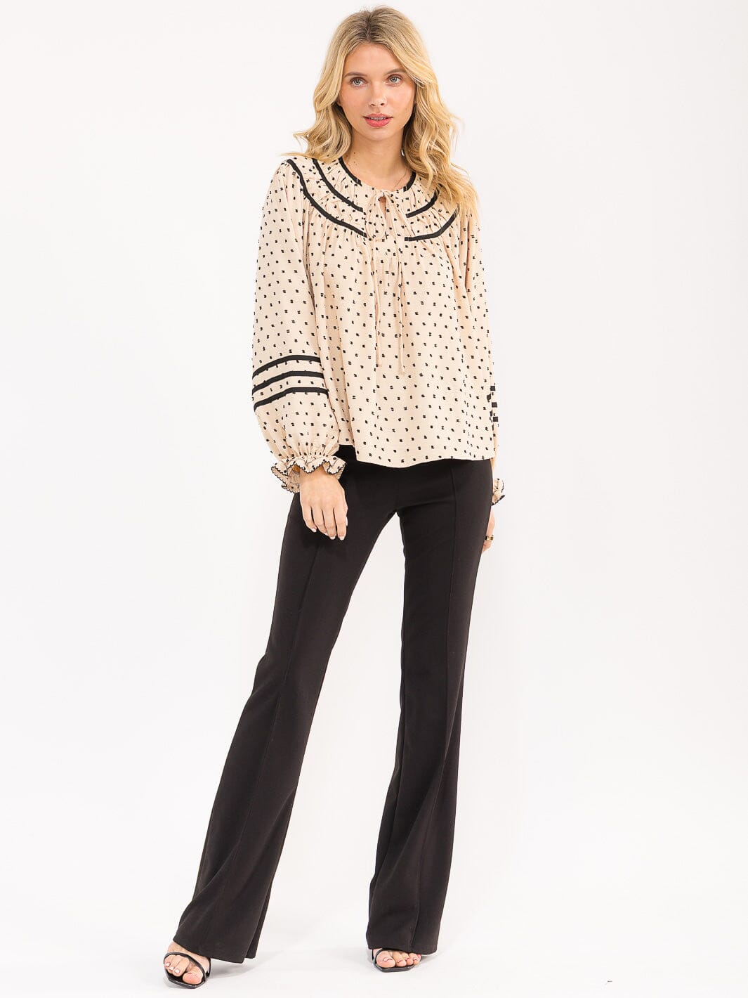 WOMENS'S LONG BALLOON SLEEVE V-NECK POLKA DOTS BLOUSE