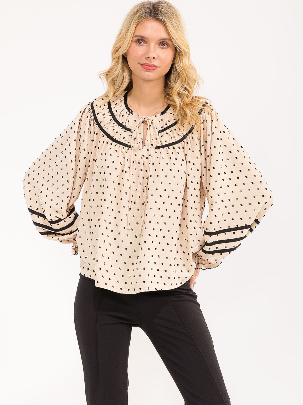 WOMENS'S LONG BALLOON SLEEVE V-NECK POLKA DOTS BLOUSE