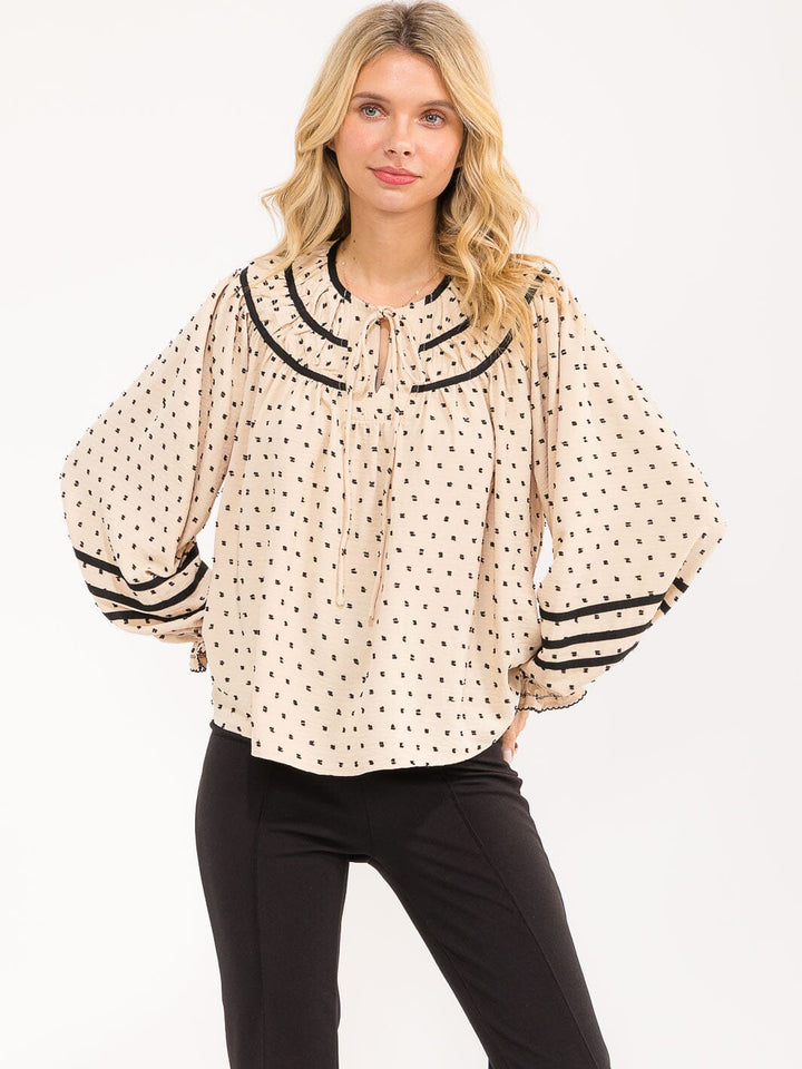WOMENS'S LONG BALLOON SLEEVE V-NECK POLKA DOTS BLOUSE