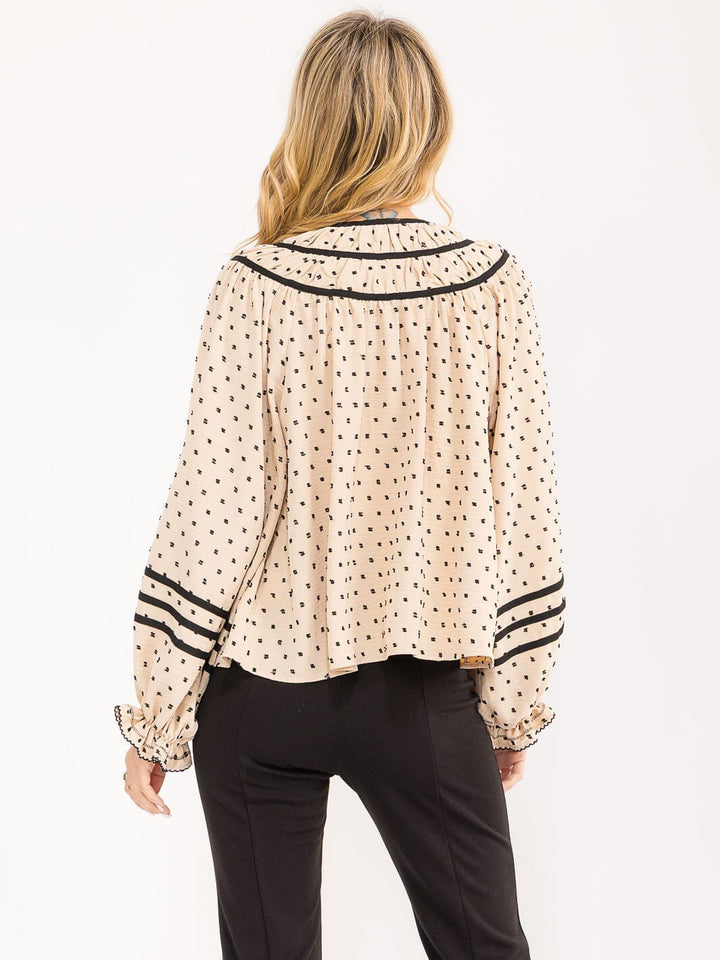 WOMENS'S LONG BALLOON SLEEVE V-NECK POLKA DOTS BLOUSE