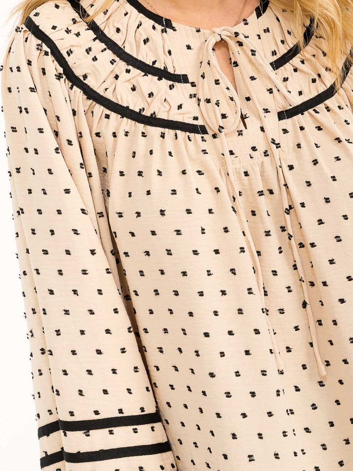 WOMENS'S LONG BALLOON SLEEVE V-NECK POLKA DOTS BLOUSE