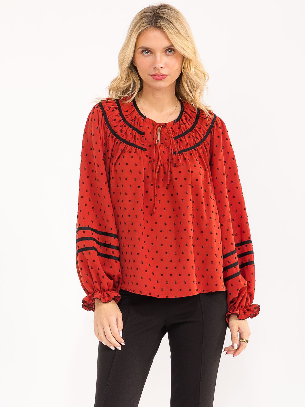 WOMENS'S LONG BALLOON SLEEVE V-NECK POLKA DOTS BLOUSE