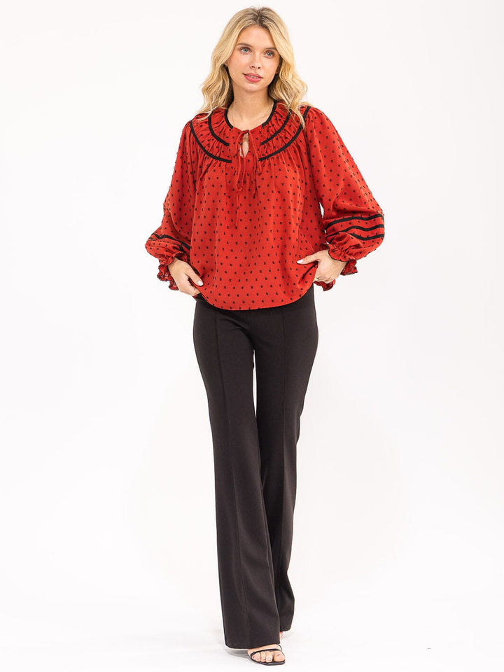 WOMENS'S LONG BALLOON SLEEVE V-NECK POLKA DOTS BLOUSE