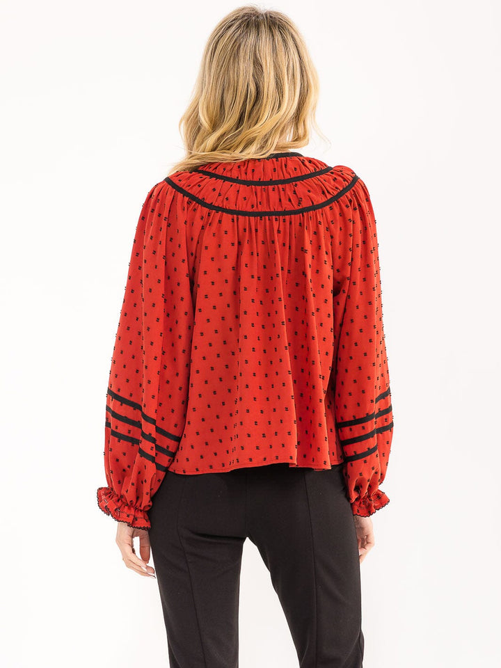 WOMENS'S LONG BALLOON SLEEVE V-NECK POLKA DOTS BLOUSE