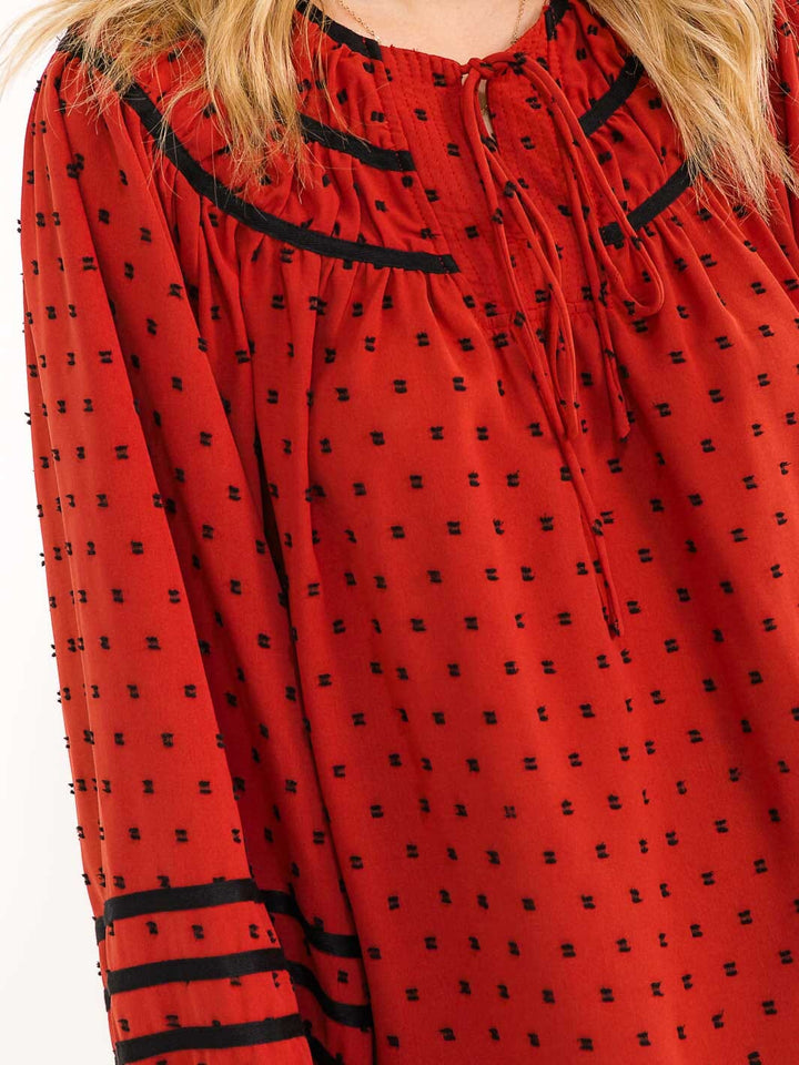 WOMENS'S LONG BALLOON SLEEVE V-NECK POLKA DOTS BLOUSE