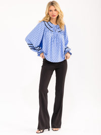 WOMENS'S LONG BALLOON SLEEVE V-NECK POLKA DOTS BLOUSE
