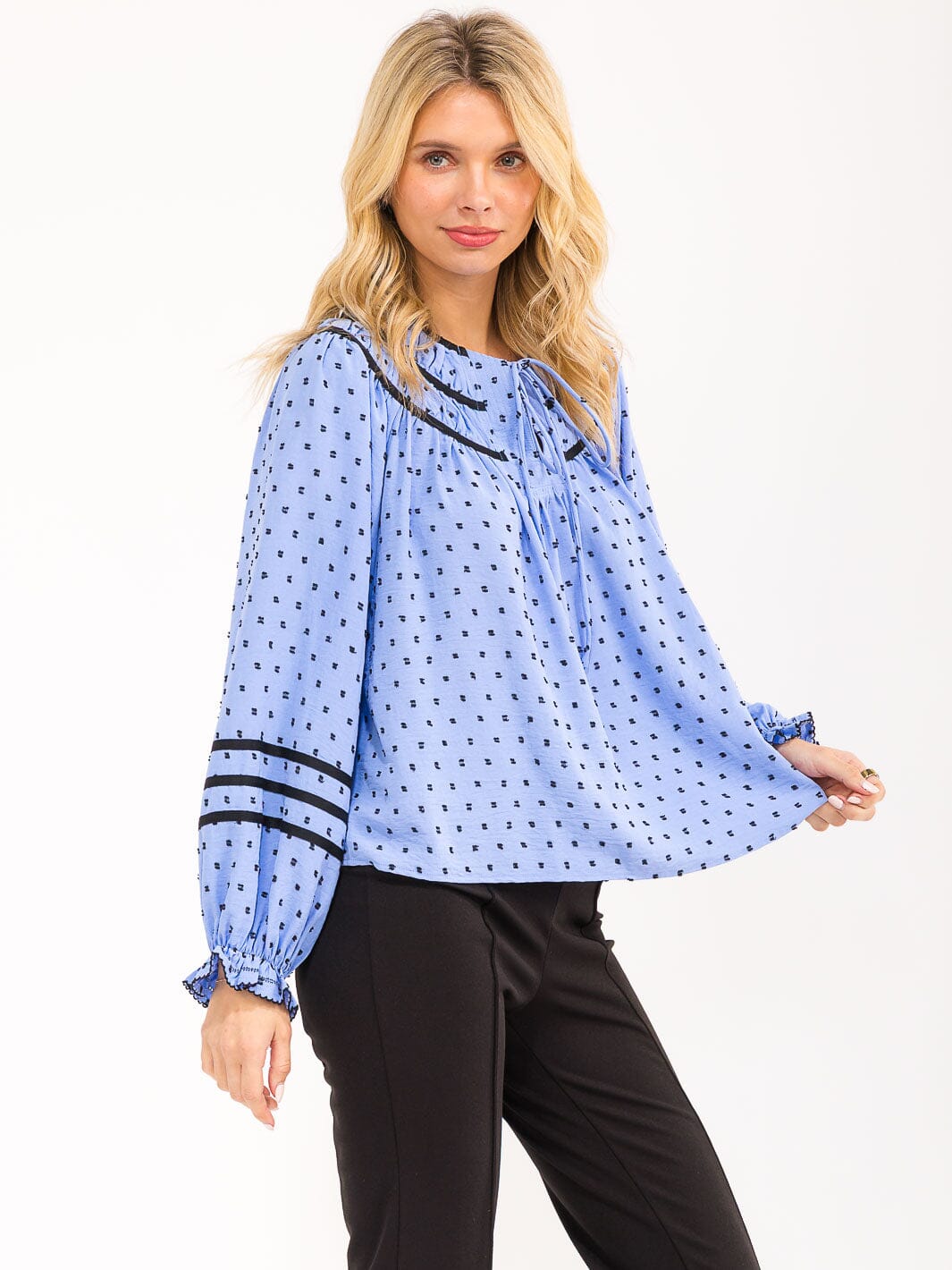 WOMENS'S LONG BALLOON SLEEVE V-NECK POLKA DOTS BLOUSE