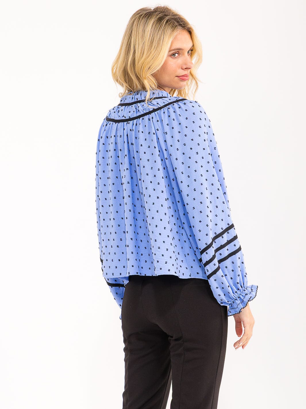 WOMENS'S LONG BALLOON SLEEVE V-NECK POLKA DOTS BLOUSE