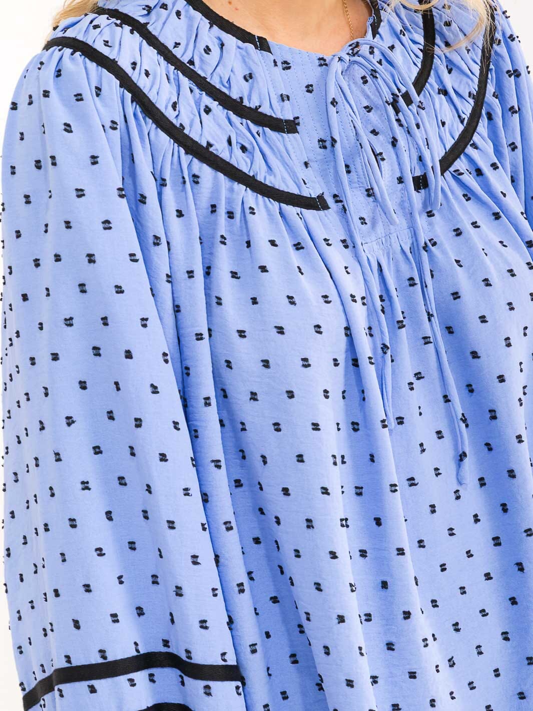 WOMENS'S LONG BALLOON SLEEVE V-NECK POLKA DOTS BLOUSE