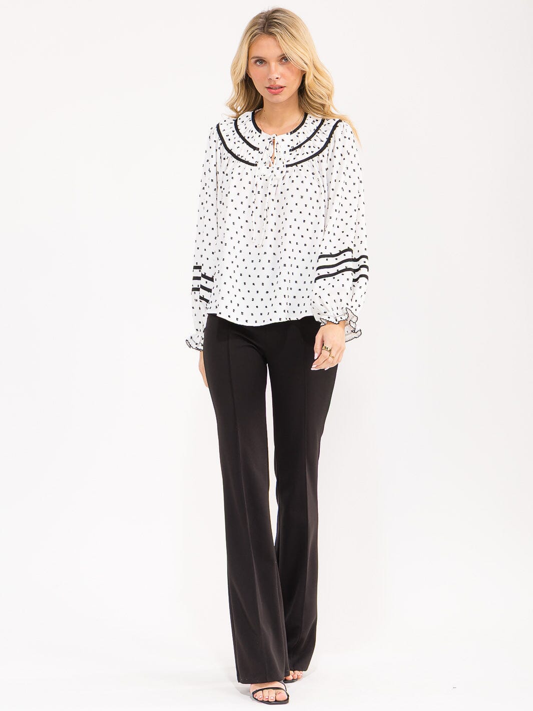 WOMENS'S LONG BALLOON SLEEVE V-NECK POLKA DOTS BLOUSE