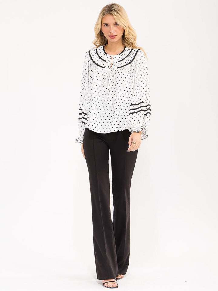 WOMENS'S LONG BALLOON SLEEVE V-NECK POLKA DOTS BLOUSE