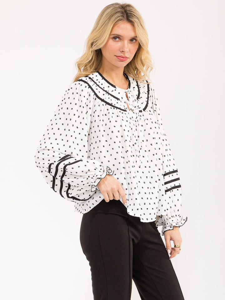 WOMENS'S LONG BALLOON SLEEVE V-NECK POLKA DOTS BLOUSE