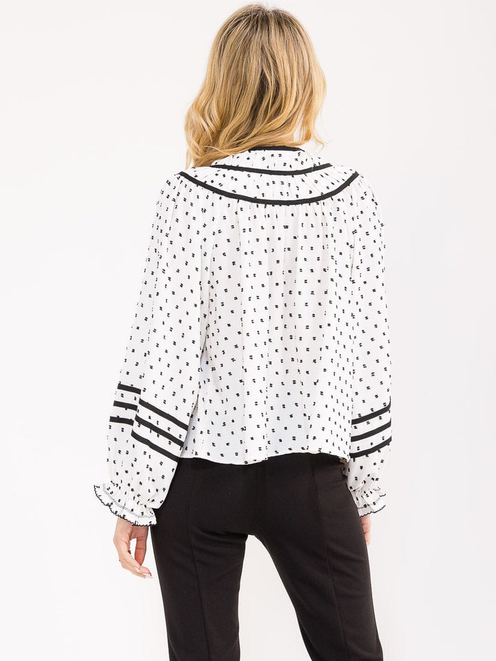 WOMENS'S LONG BALLOON SLEEVE V-NECK POLKA DOTS BLOUSE