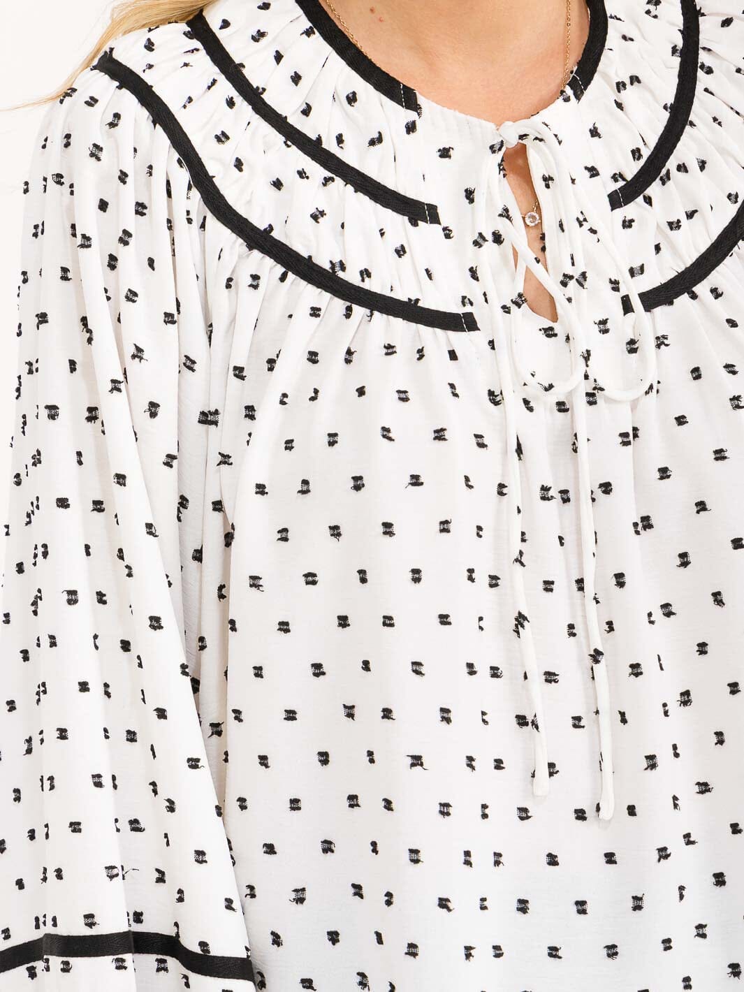 WOMENS'S LONG BALLOON SLEEVE V-NECK POLKA DOTS BLOUSE