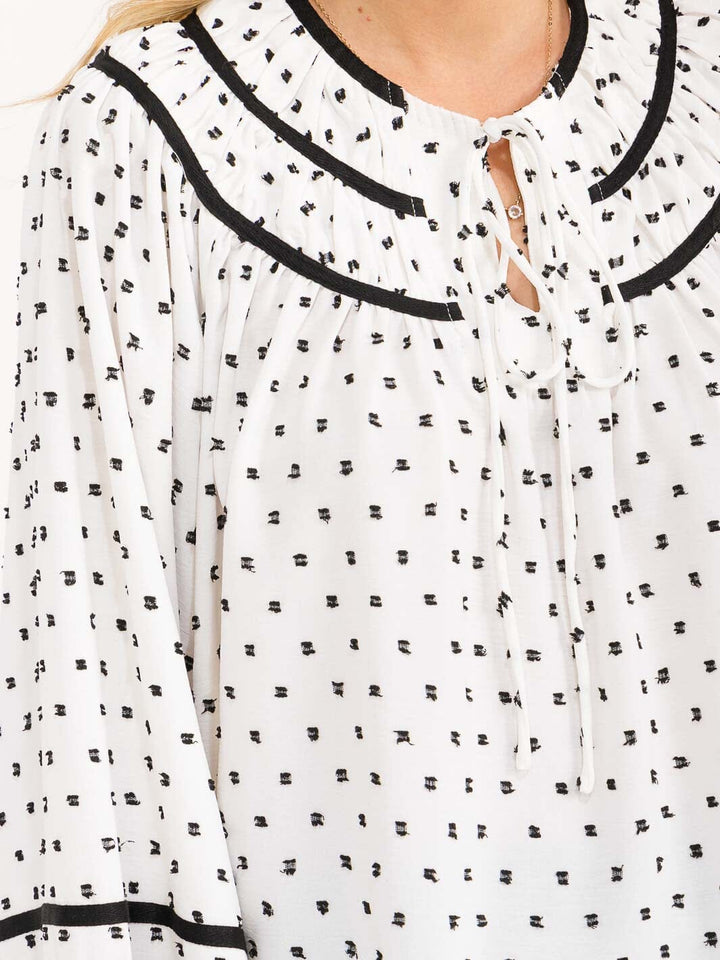 WOMENS'S LONG BALLOON SLEEVE V-NECK POLKA DOTS BLOUSE