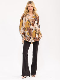 WOMEN'S LONG SLEEVE BUTTON CLOSURE HIGH-LOW FLORAL OVERSIZED SHIRT