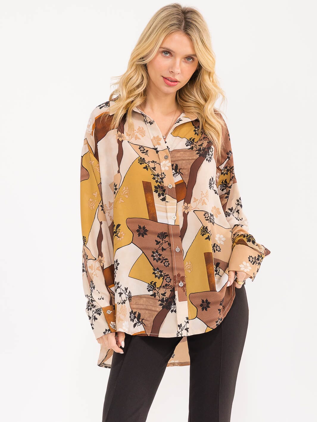 WOMEN'S LONG SLEEVE BUTTON CLOSURE HIGH-LOW FLORAL OVERSIZED SHIRT