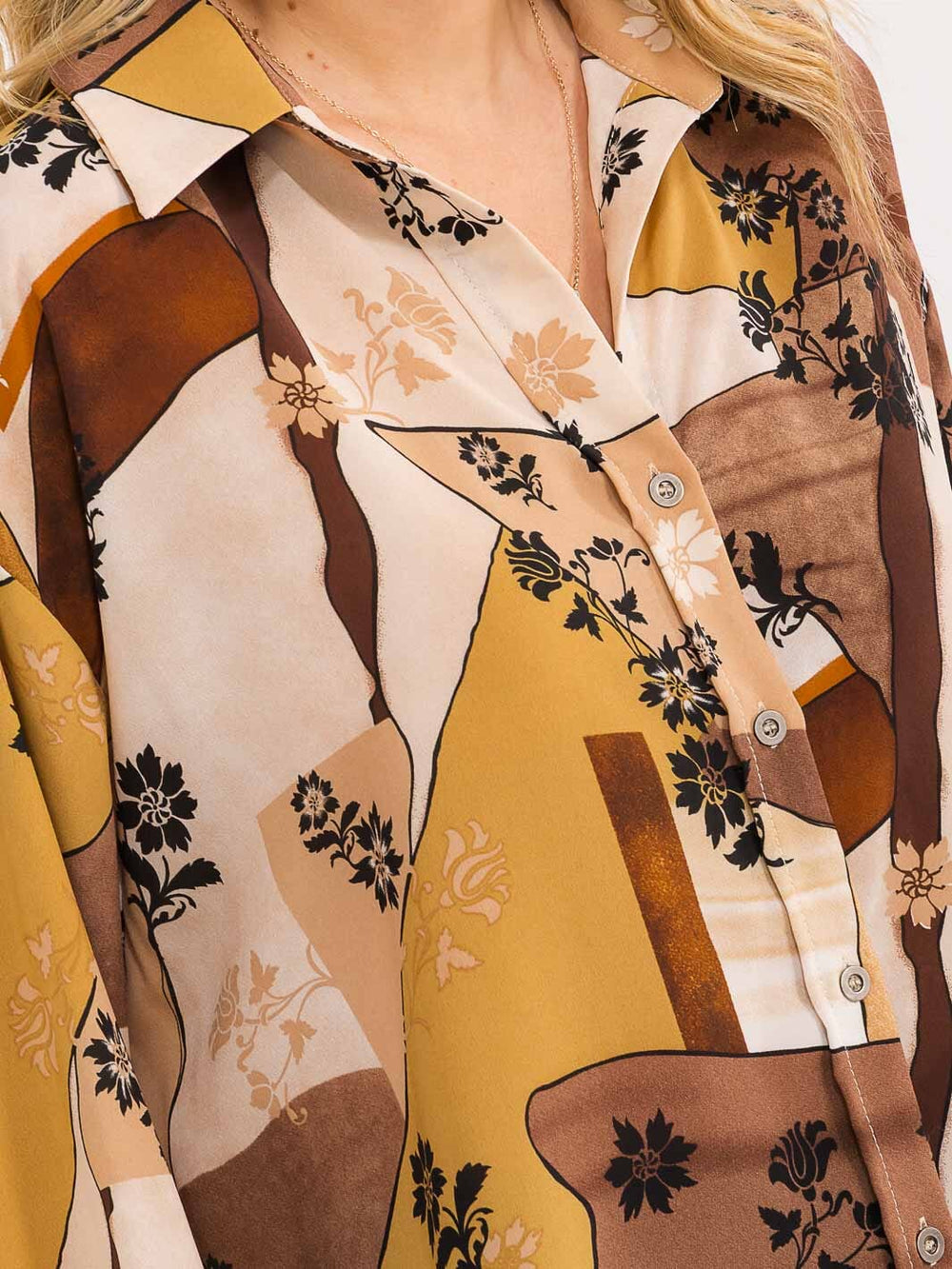 WOMEN'S LONG SLEEVE BUTTON CLOSURE HIGH-LOW FLORAL OVERSIZED SHIRT