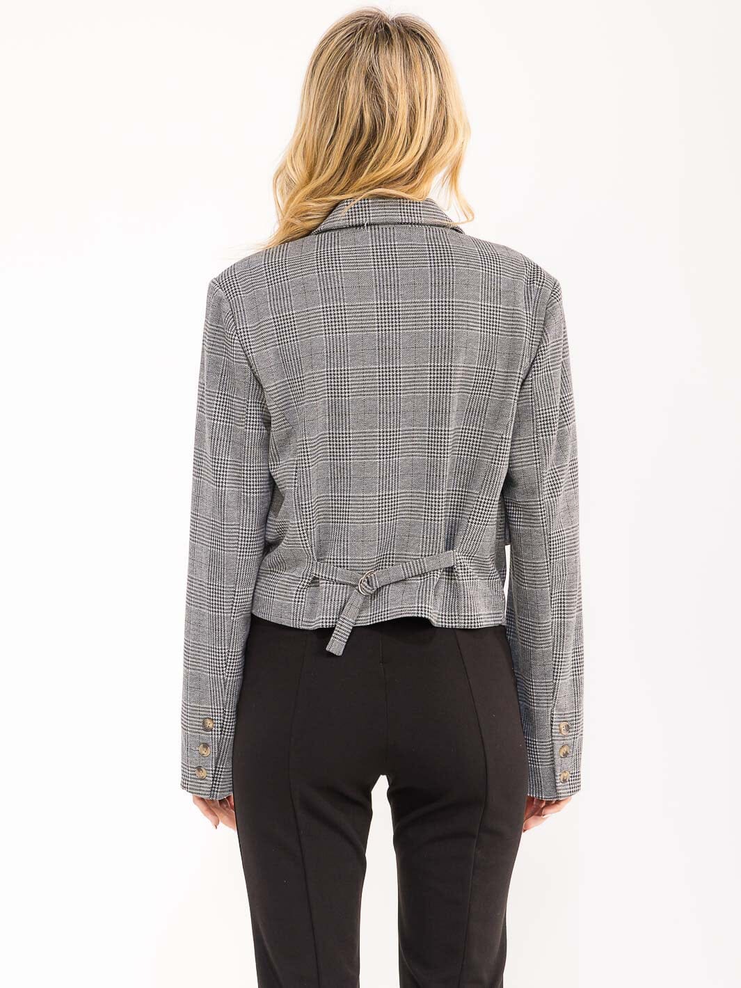 WOMEN'S LONG SLEEVE BUTTON CLOSURE FRONT POCKETS PLAID BLAZER