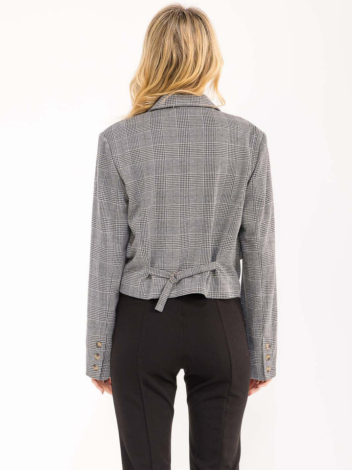 WOMEN'S LONG SLEEVE BUTTON CLOSURE FRONT POCKETS PLAID BLAZER