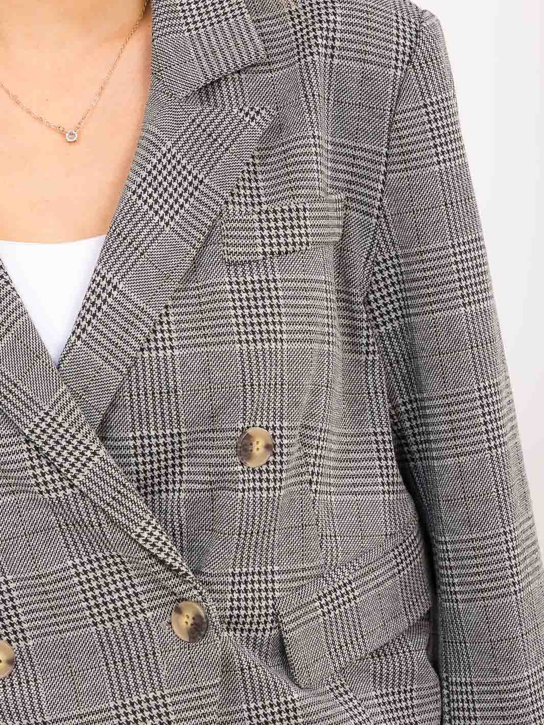 WOMEN'S LONG SLEEVE BUTTON CLOSURE FRONT POCKETS PLAID BLAZER