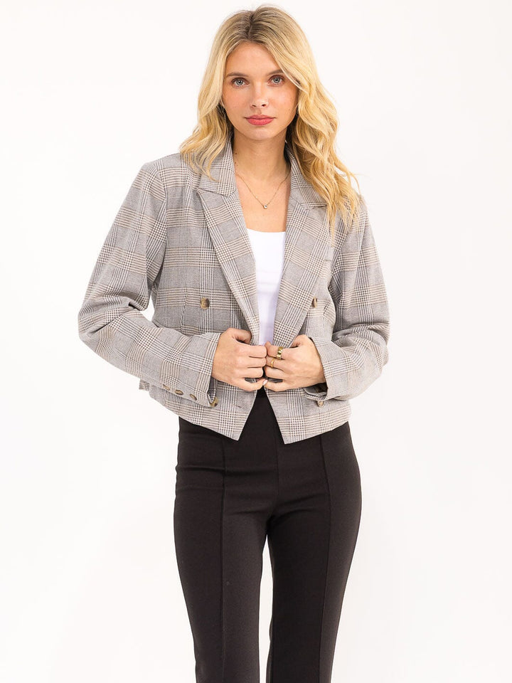 WOMEN'S LONG SLEEVE BUTTON CLOSURE FRONT POCKETS PLAID BLAZER