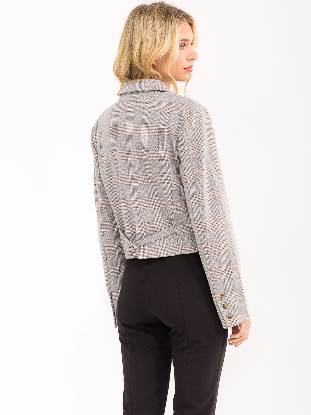 WOMEN'S LONG SLEEVE BUTTON CLOSURE FRONT POCKETS PLAID BLAZER