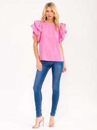 WOMEN'S SHORT RUFFLE SLEEVE TRIM DETAILED LINEN BLOUSE