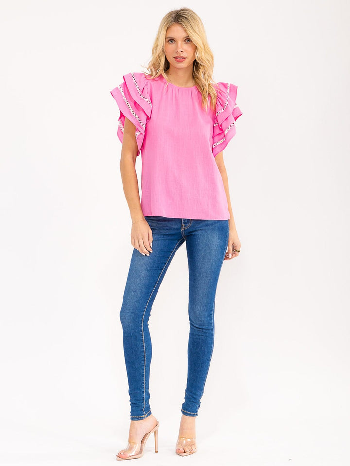 WOMEN'S SHORT RUFFLE SLEEVE TRIM DETAILED LINEN BLOUSE