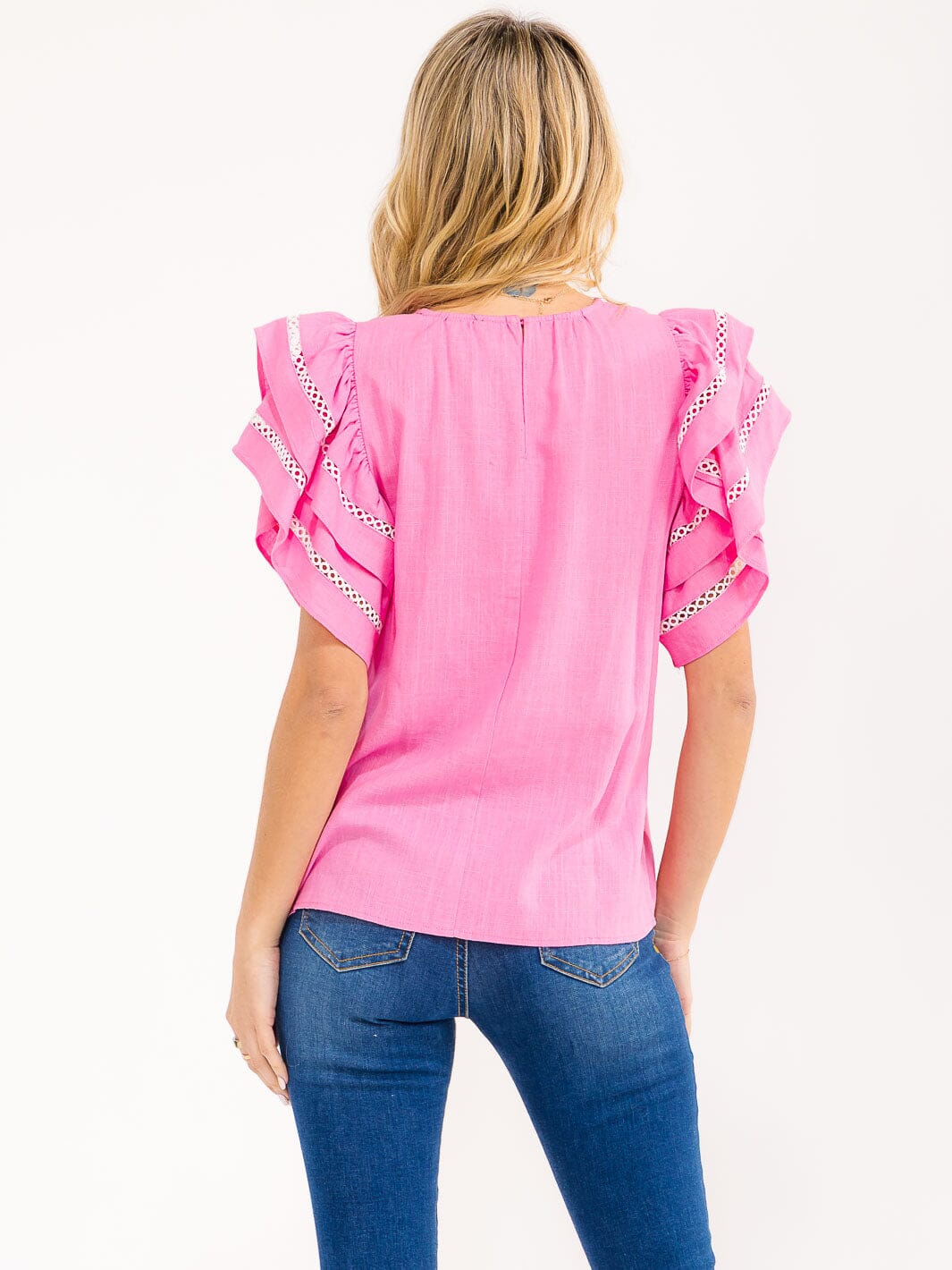 WOMEN'S SHORT RUFFLE SLEEVE TRIM DETAILED LINEN BLOUSE