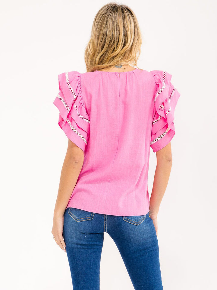 WOMEN'S SHORT RUFFLE SLEEVE TRIM DETAILED LINEN BLOUSE