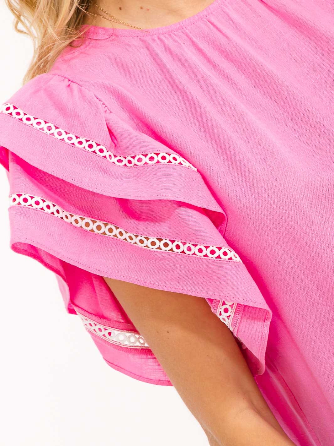 WOMEN'S SHORT RUFFLE SLEEVE TRIM DETAILED LINEN BLOUSE