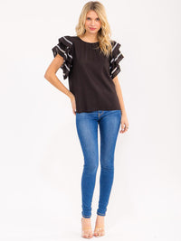 WOMEN'S SHORT RUFFLE SLEEVE TRIM DETAILED LINEN BLOUSE