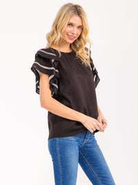 WOMEN'S SHORT RUFFLE SLEEVE TRIM DETAILED LINEN BLOUSE