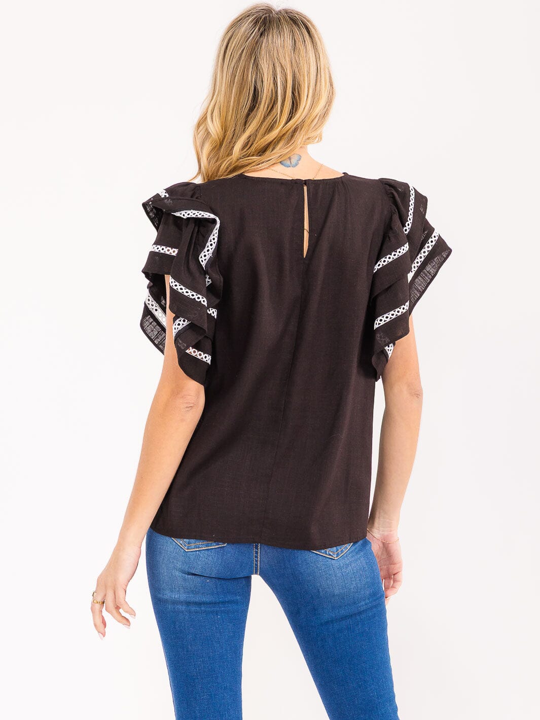 WOMEN'S SHORT RUFFLE SLEEVE TRIM DETAILED LINEN BLOUSE