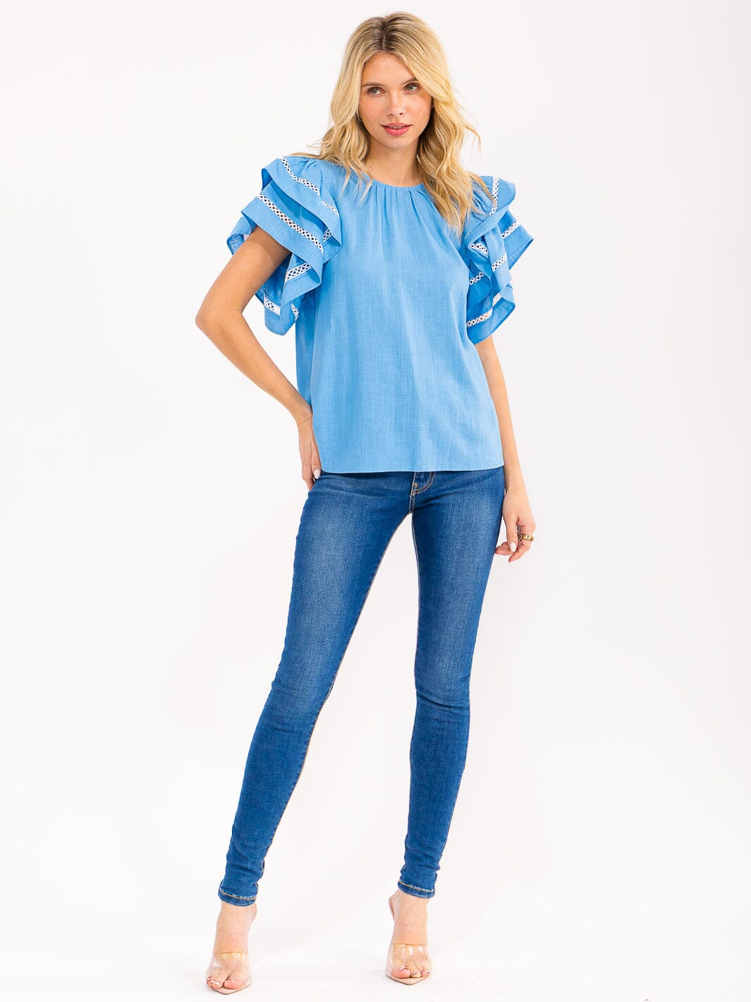 WOMEN'S SHORT RUFFLE SLEEVE TRIM DETAILED LINEN BLOUSE