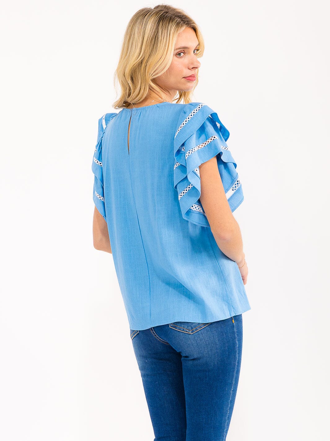 WOMEN'S SHORT RUFFLE SLEEVE TRIM DETAILED LINEN BLOUSE